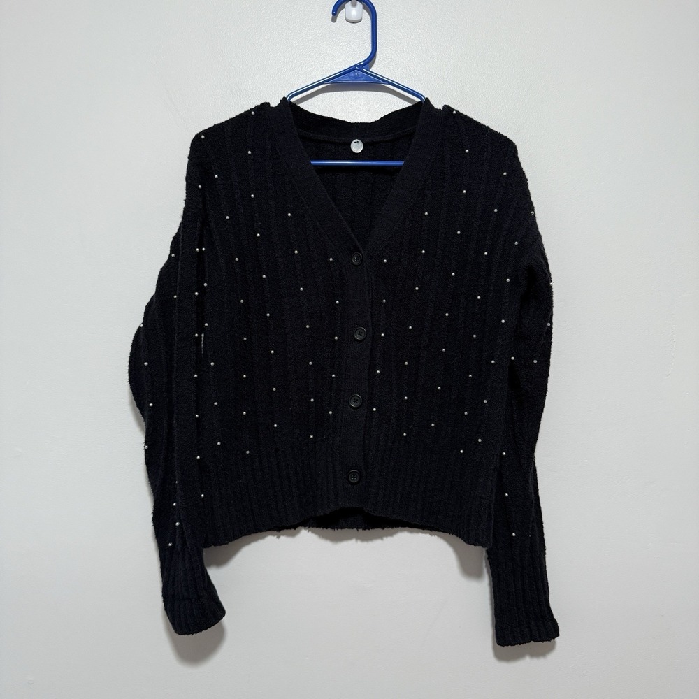 Margaret O'Leary Black V-Neck Cardigan Sweater Pearl Beading Size‎ Small